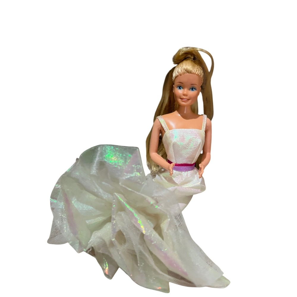Vintage Crystal Barbie Iridescent White Gown Blonde High Ponytail 90s Fashion